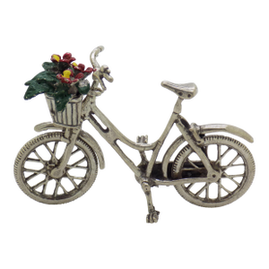 Vintage Italian Handmade Genuine Silver Bicycle With Flower Basket Figurine, Dollhouse Miniature, Made in Tuscany (Arezzo)