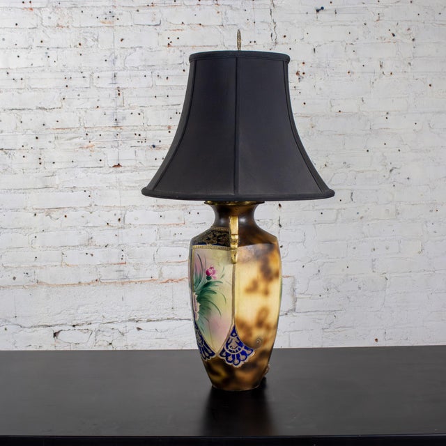 Early 20th Century Early 20th Century Floral Table Lamp Hand Painted Porcelain Style of Royal Nippon Black Bell Shade For Sale - Image 5 of 18