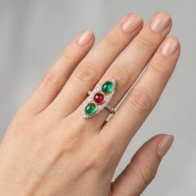 1960s 14k Yellow Gold Burmese No-Heat Red Spinel, Emerald & Diamond Ring, Size 6.5 For Sale - Image 9 of 13