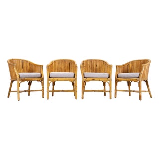 Set of Four McGuire Barrel Back Rattan Bamboo Dining Armchairs For Sale