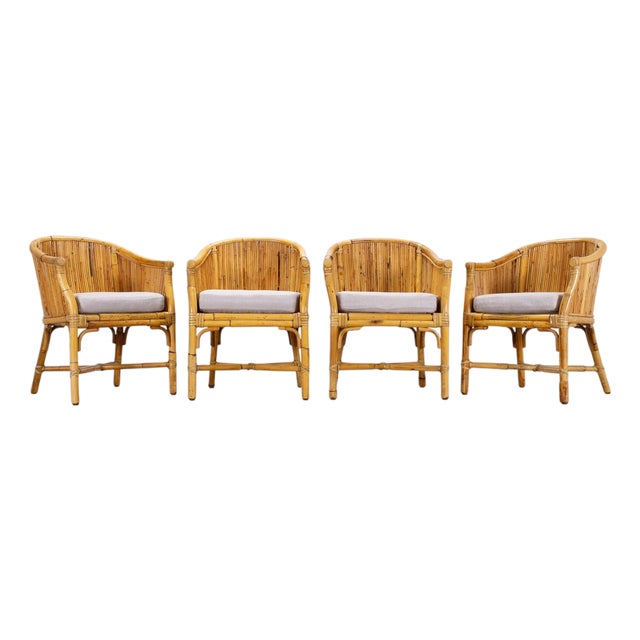 Set of Four McGuire Barrel Back Rattan Bamboo Dining Armchairs For Sale