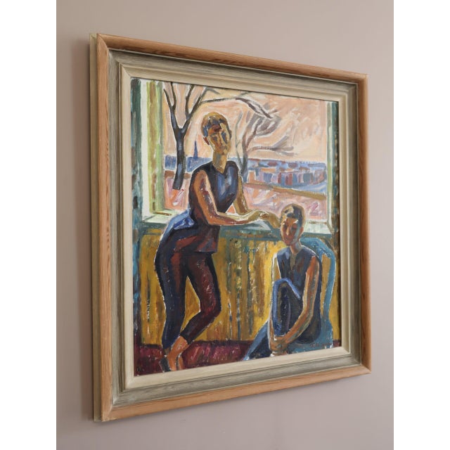 Mid-Century Modern 'Figures at the Window' Vintage Swedish Expressive Figurative Oil Painting, Framed For Sale - Image 4 of 14