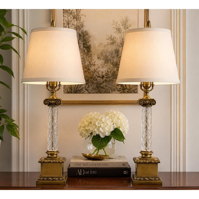 Mid Century Modern Table Lamps. Hollywood Regency style with Quilted Diamond Glass column shape with Gold Ionic top and...