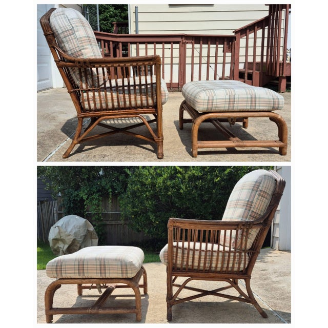 1970s Lane Venture Stick Wicker Rattan Arm Chair & Ottoman, Set of 2 For Sale In Washington DC - Image 6 of 14