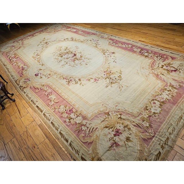 French Provincial Antique French Aubusson Rug, Handwoven Wool, Floral Pattern, Ivory & Pale Green, 12' X 18' For Sale - Image 3 of 17