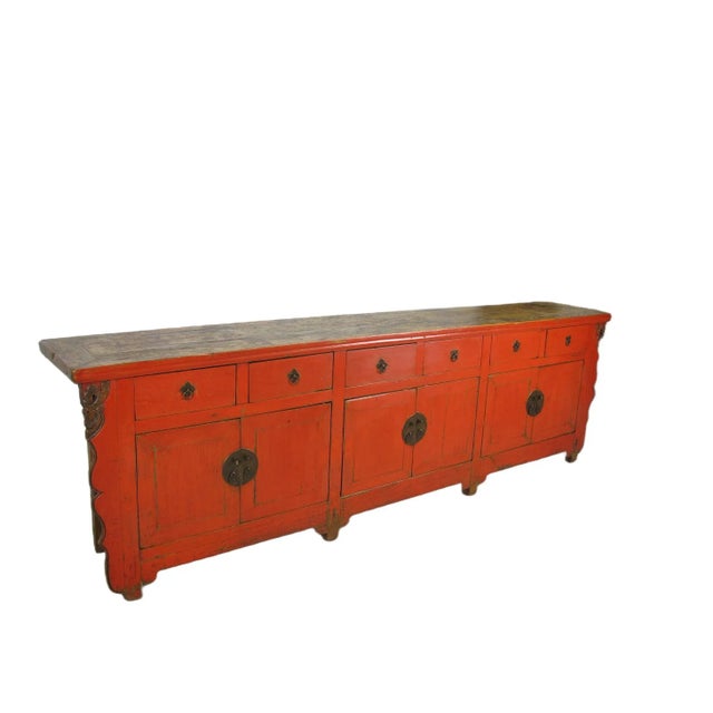 9 Feet Long Red Antique Chinese Buffet Sideboard Cabinet For Sale In Greensboro - Image 6 of 12