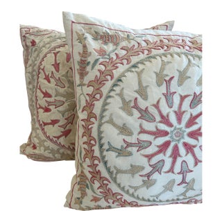 Pair of Silk Embroidered Turkish Suzani Pillows For Sale