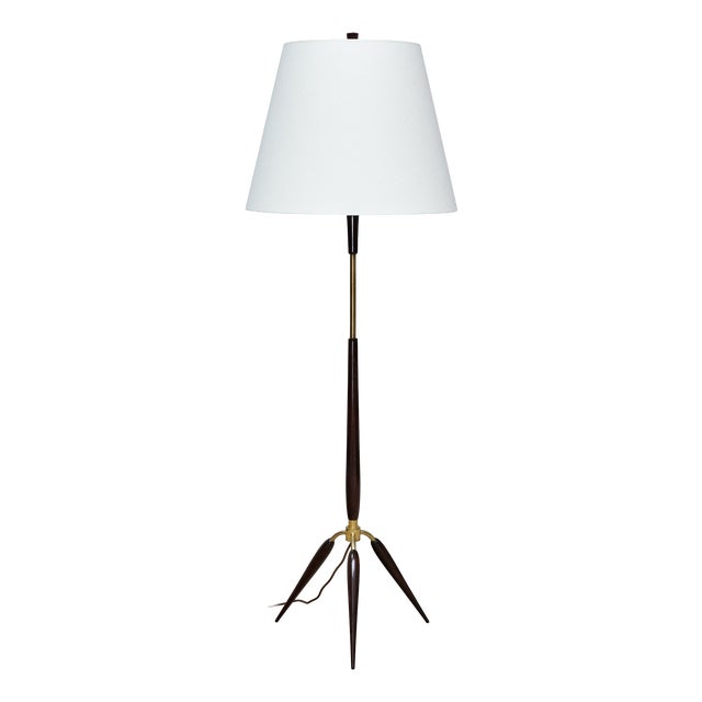 Danish Modern Sculptural Tripod Floor Lamp in Beech, Brass and Linen from Fog & Mørup, 1960s For Sale