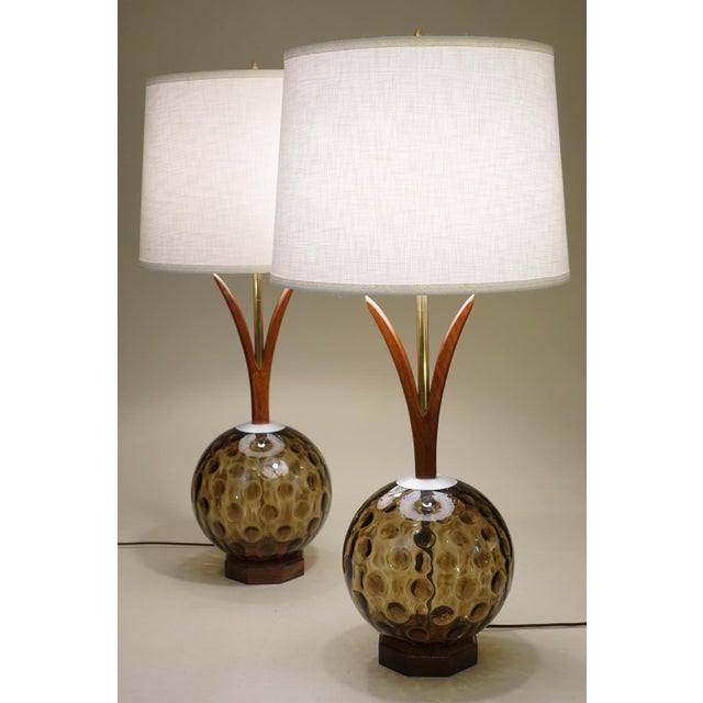 Wood 1960s Matched Pair XL Tiki Modern Pineapple Sculpture Glass Globe Walnut Table Lamps Witco For Sale - Image 7 of 10