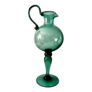 Rare 15" 1930s Empoli Verde Italian Hand-Blown Glass Pedestal Ewer Pitcher For Sale