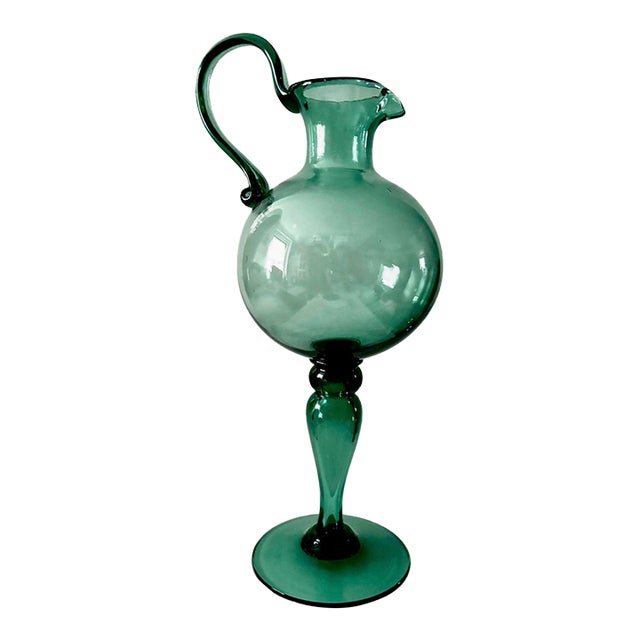 Rare 15" 1930s Empoli Verde Italian Hand-Blown Glass Pedestal Ewer Pitcher For Sale