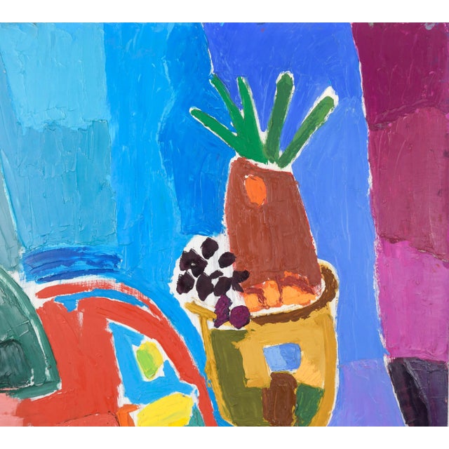 Colorful Modernist Still Life with Jug and Plant by Ellis Hopkins (American, b. 1952). This bold still life depicts pieces...