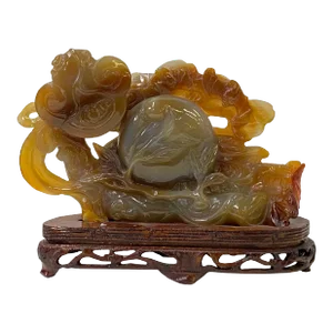 Chinese Hand Carved Agate Stone Peach RuYi Cloud Scroll Display Art
