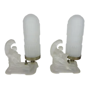 Pair of 1930s Art Deco Frosted Glass Figural Boudoir Lamps Attributed to McKee
