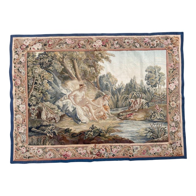 Antique French Handwoven Tapestry with Diane Return of Hunt Scene from Aubusson, 1940s For Sale