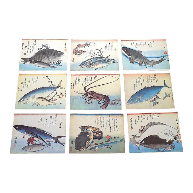 Signed/Chop Marked Vintage Imperial Folio Size Japanese Fish & Calligraphy Lithographs by Hiroshige Set of 9 For Sale