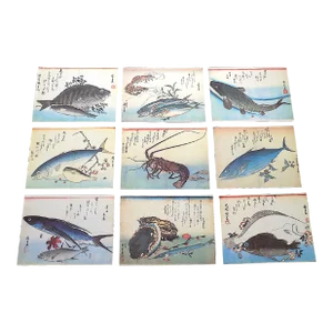 Signed/Chop Marked Vintage Imperial Folio Size Japanese Fish & Calligraphy Lithographs by Hiroshige Set of 9