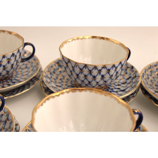 1980s Lomonosov Imperial Cobalt Net Porcelain Tea Set 30 Pcs, 10 Trios For Sale - Image 14 of 14
