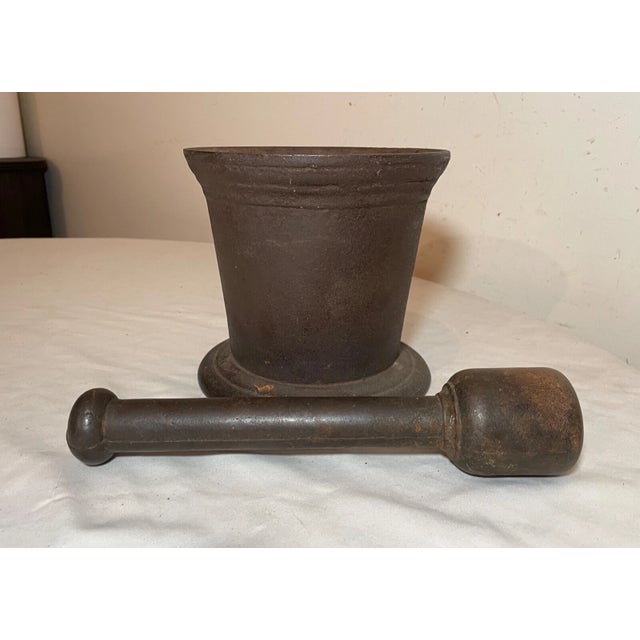 American Huge Rare Antique Early 19th Century Handmade Solid Cast Iron Mortar and Pestle For Sale - Image 3 of 12