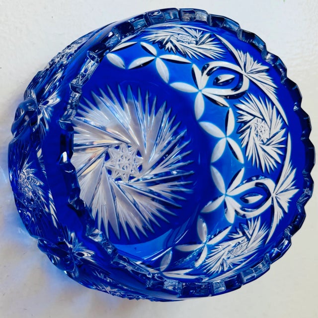 1950s Cobalt Hand Cut to Clear Bohemian Crystal Bowl Circa 1950s For Sale - Image 5 of 8