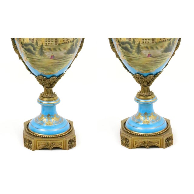 19th Century French Bronze Mounted Porcelain Covered Urns, Robin’s Egg Blue For Sale - Image 4 of 11