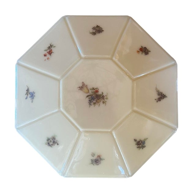 1920s 1920 Custard With Painted Botanicals, Octagon Shape Glass Flushmount Fixture on Original Nickel Plated Brass Holder For Sale - Image 5 of 6