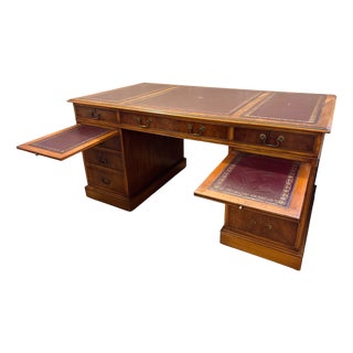 Twin Pedestal Desk with Burgundy Leather Top For Sale