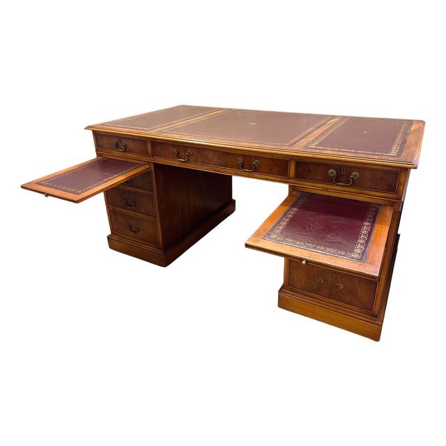 Twin Pedestal Desk with Burgundy Leather Top For Sale