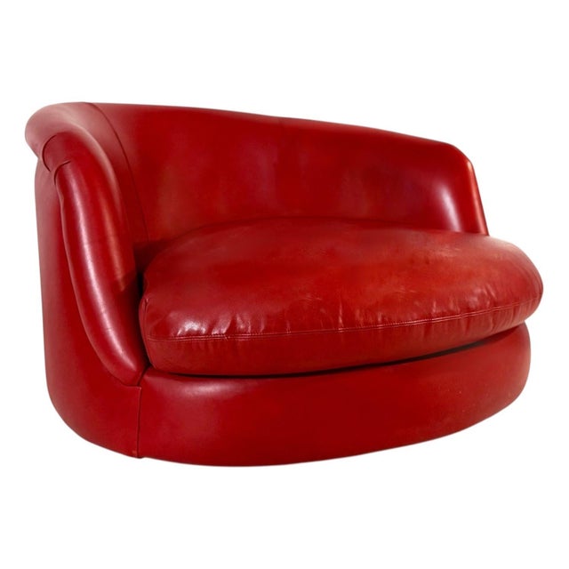 Milo Baughman for Thayer Coggin Leather Swivel Tub Chair, 2000’s. Original red leather with a red leather plinth swivel...