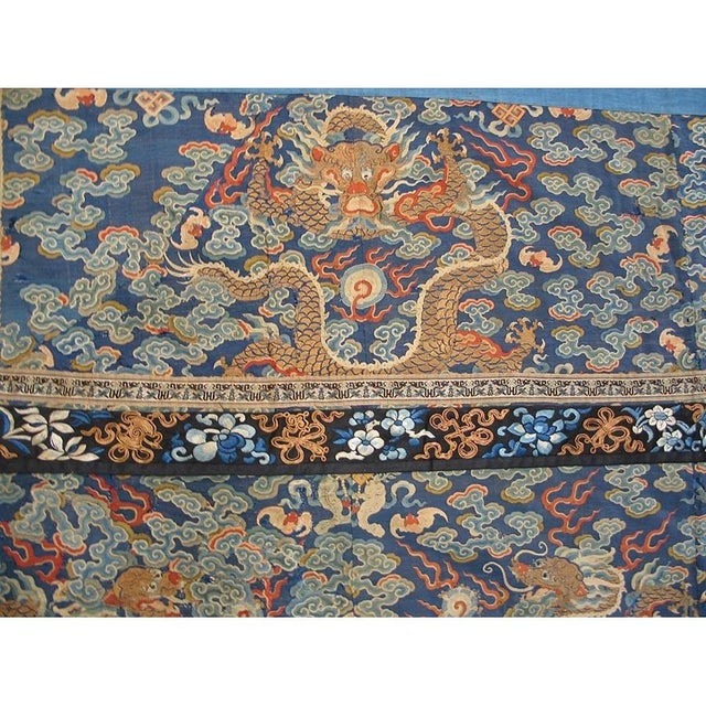 Early 19th Century Antique Early 19th Century Blue Chinese Cloud Band Dragon Design Silk Textile For Sale - Image 5 of 9