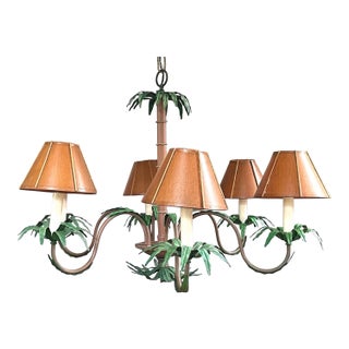 Late 20th Century Palm Beach Regency 6-Light Tole Palm Tree Chandelier With Shades For Sale