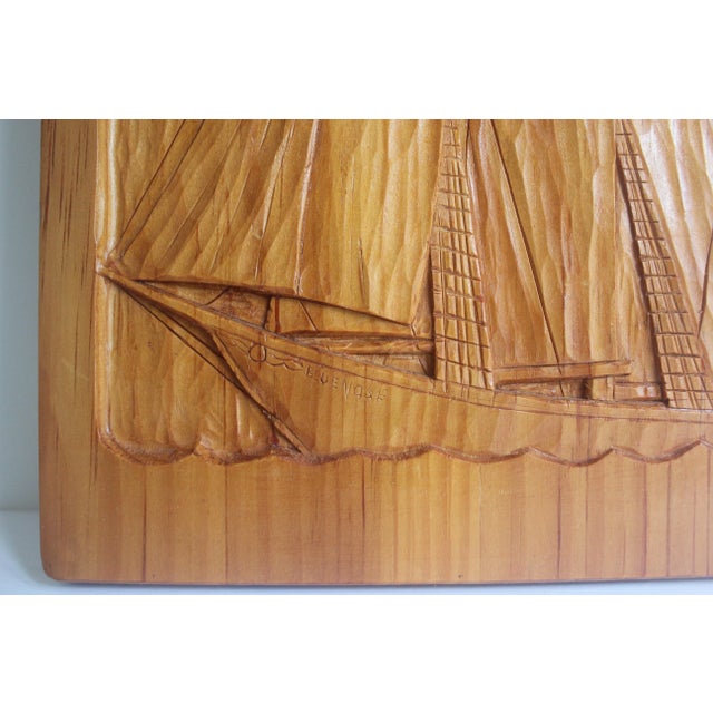 Vintage Carved Wood Bluenose Sailboat Wall Hanging Canadian Folk Art Handmade Wood Sculpture Signed by Artist Mid 20th Century For Sale - Image 6 of 6