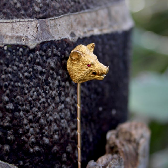Gold Late 19th Century Victorian 14k Gold Wild Boar Stick Pin With Ruby Eyes For Sale - Image 8 of 9