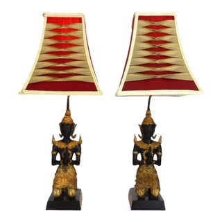 Antique Thai Lacquered & Gilt Figural Bronze Teppanom Guardian Angel Lamps - a Pair For Sale