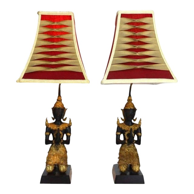Antique Thai Lacquered & Gilt Figural Bronze Teppanom Guardian Angel Lamps - a Pair For Sale