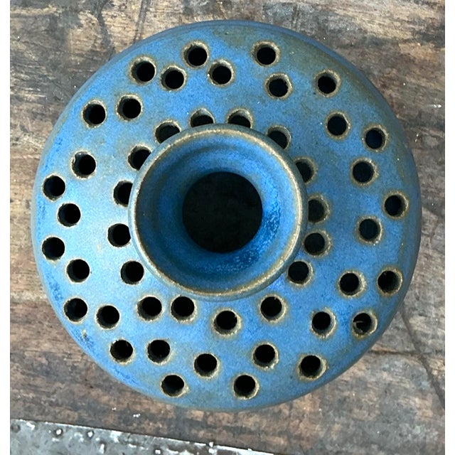 Cerulean Vintage Original Studio Pottery Pierced Vase For Sale - Image 8 of 12