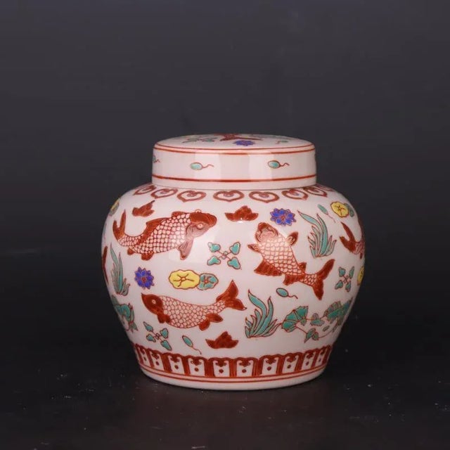 Art Deco Chinese Vintage Ceramic Pot,China Old Porcelain Factory Made Famille Verte Porcelain Tea Jar Hand Painted Lotus Flowers and Mandarin Duck Pattern For Sale - Image 3 of 8