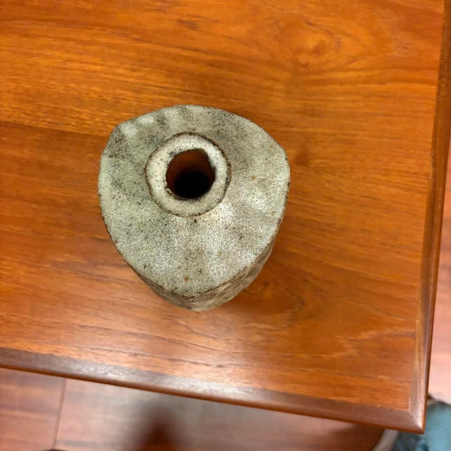 Rustic Vintage Brutalist Studio Pottery Triangular Bottle Vase With Textured Ash Glaze For Sale - Image 3 of 11
