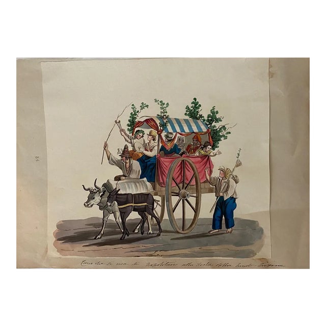 Michela De Vito, Wagon with Neapolitans, Original Gouache, 19th-Century For Sale