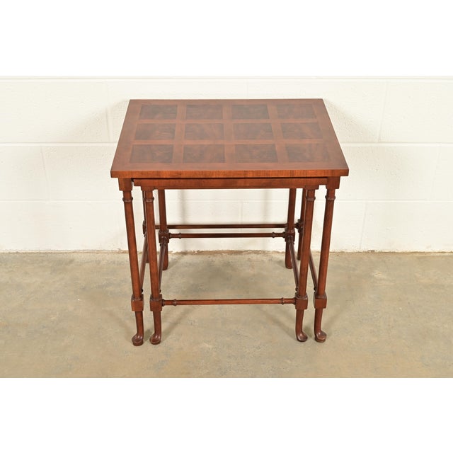 1980s Baker Furniture English Regency Walnut and Burl Wood Parquet Top Nesting Tables, Pair For Sale - Image 5 of 13