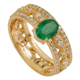 Oval Emerald & Diamond Vintage-Inspired Luxury Statement Ring in 18k Yellow Gold Size 9 For Sale