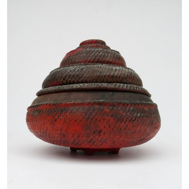 C1910-1930's Antique Chinese Lacquer Red Tiered & Footed Lidded Picnic or Lunch Basket For Sale - Image 12 of 13