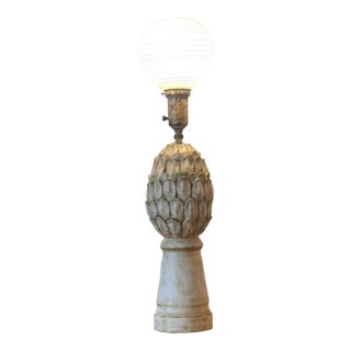 Vintage Hollywood Regency Carved Artichoke Table Lamps, Pair With Ribbed Milk Glass Globes For Sale