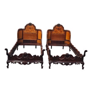 Pair French Style Twin Beds Inlaid Baskets 1920's For Sale