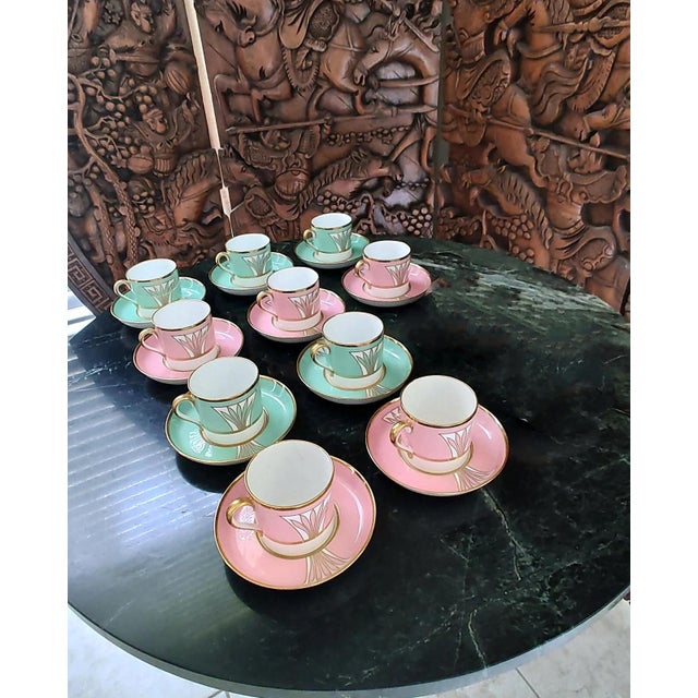 1940s Antique 1941 Copeland Spode 10 Custom Pink & Green Demitasse Set For Sale - Image 5 of 12