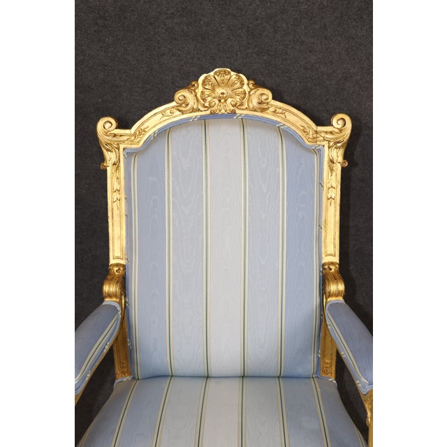 19th C. Pair French Napoleonic Style Armchairs, Giltwood & Blue Upholstery For Sale - Image 16 of 16
