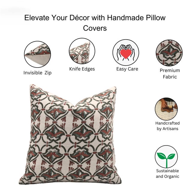Fabdivine Handmade Block Printed Cushion Cover 22x22 Inch Off-White Linen-Hridyavan For Sale - Image 4 of 4