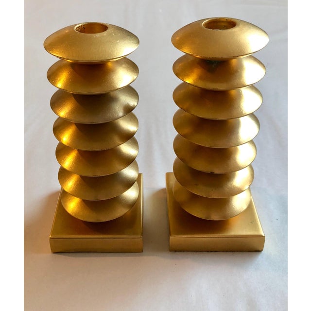 French Gilt Gold Sculpture Sputnik Space Age Post Modern Pair Candlesticks, c.1980s-1990s For Sale