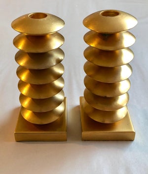 French Gilt Gold Sculpture Sputnik Space Age Post Modern Pair Candlesticks, c.1980s-1990s