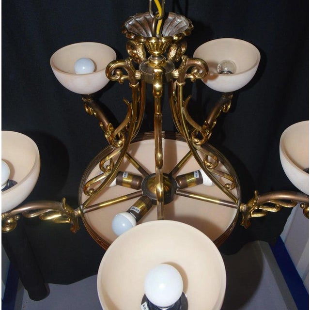 Art Deco Six-Light Chandelier in Brass and Tinted Glass, 1930 For Sale - Image 15 of 18